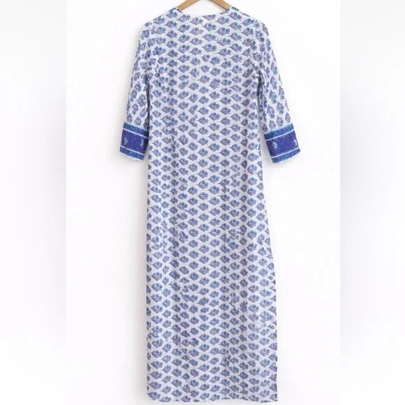 Alicia Bell Kaftan Style Dress Womens XS Silk Cotton Blue Block Print Boho - Picture 2 of 6